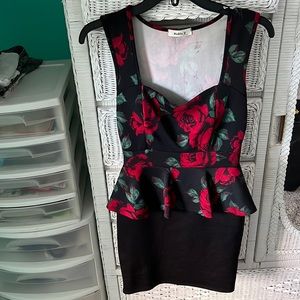Black Peplum Dress with Rose print